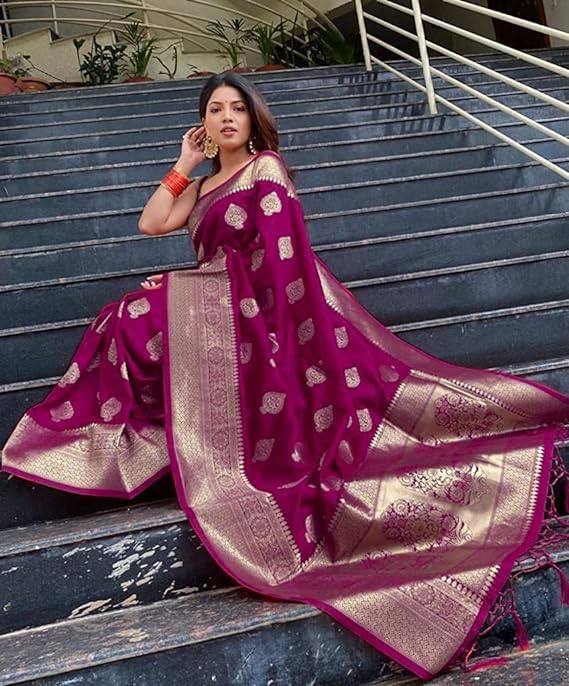 Magenta Banarasi Silk Saree with Golden Zari Work