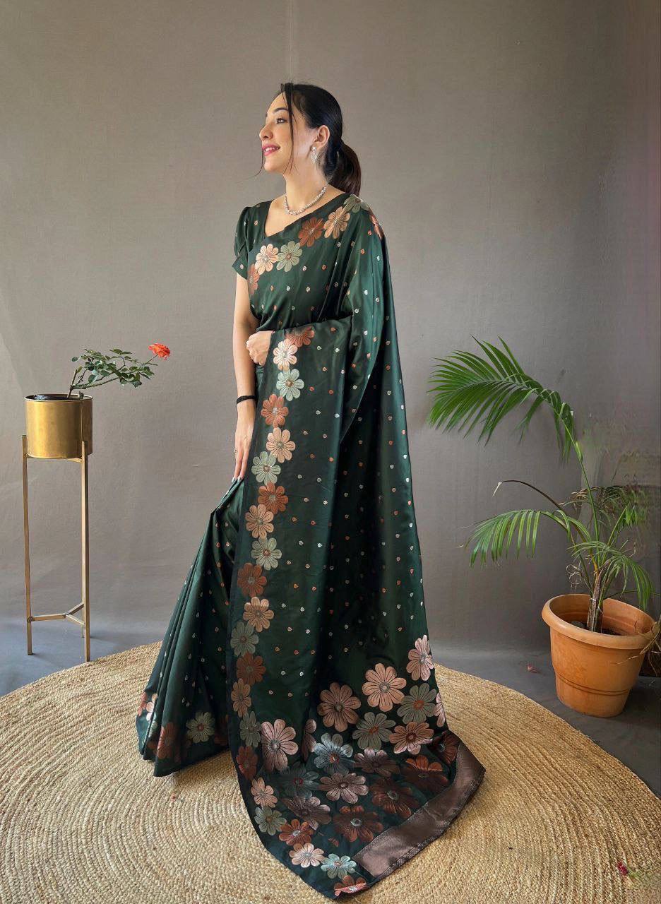 Green Floral Embroidered Silk Saree with Blouse