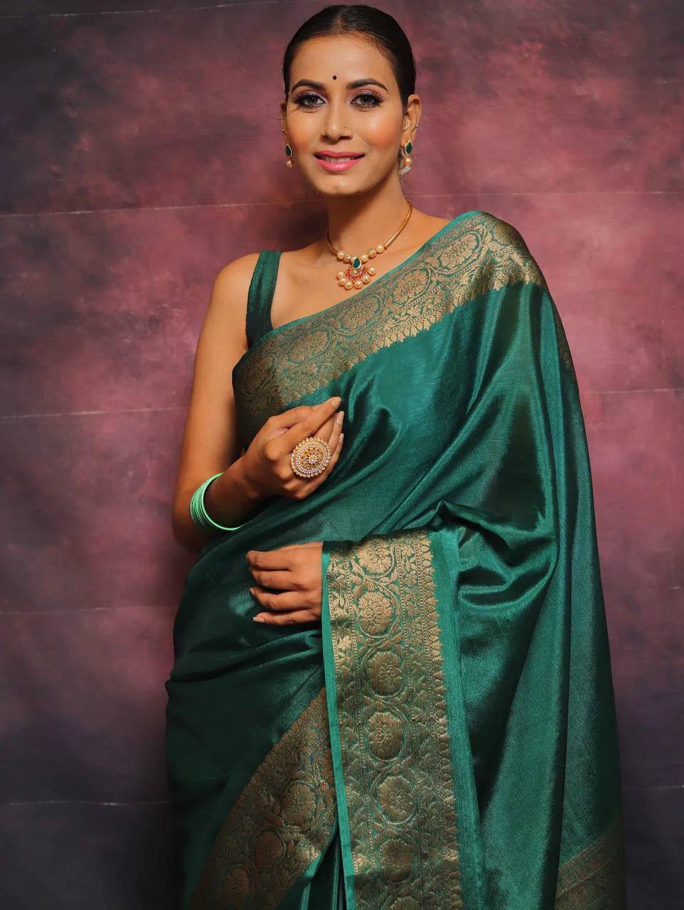 Elegant Green Silk Saree with Golden Zari Border