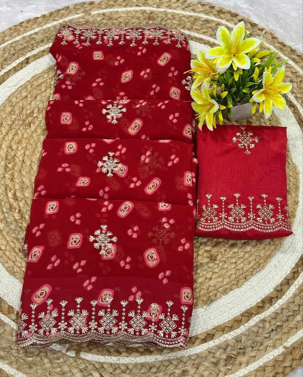 Women's Red Georgette Bandhani Print Embroidered Saree with Matching Mono Silk Blouse