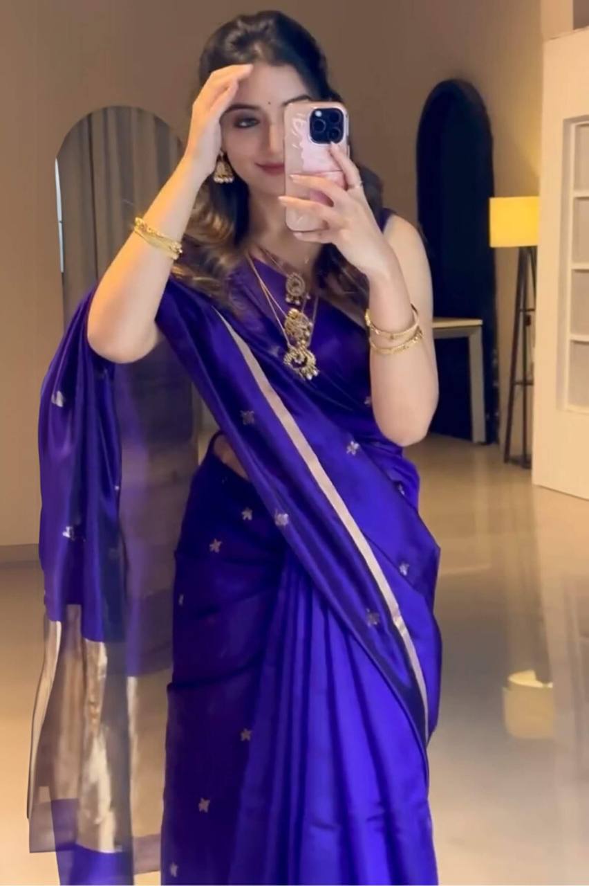 Royal Blue Silk Saree with Golden Border and Embroidered Blouse