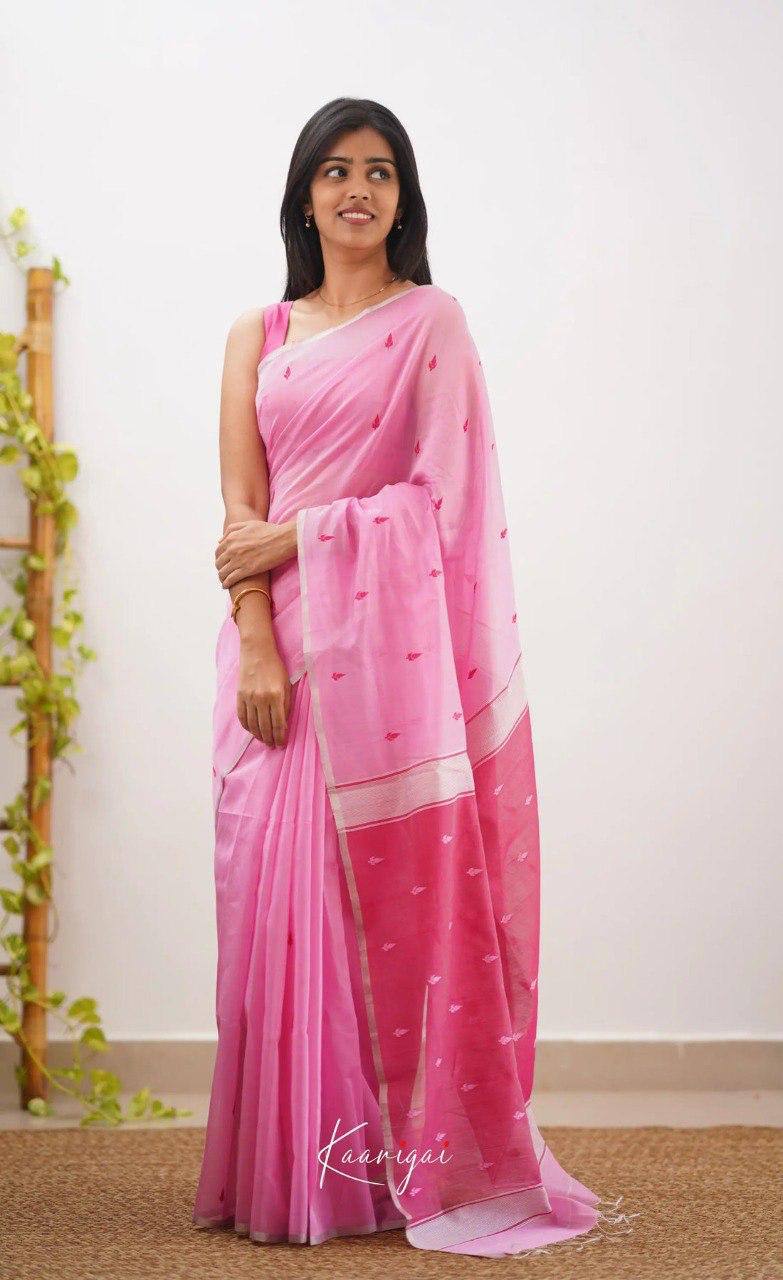 Pink Linen Saree with Embroidered Motifs and Contrast Border