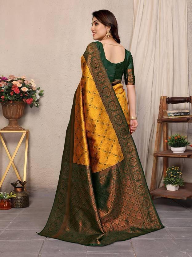 Mustard Yellow and Green Silk Saree with Woven Border