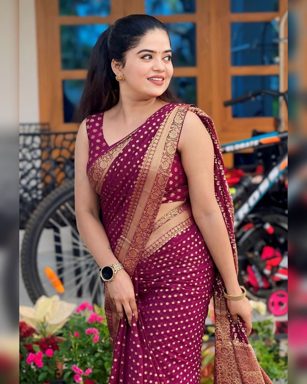Maroon Banarasi Silk Saree with Golden Polka Dots and Zari Border