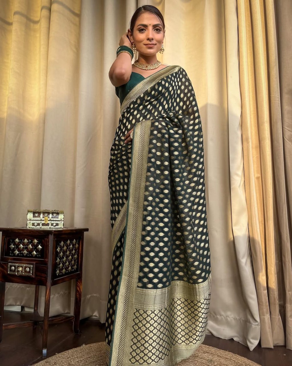 Dark Green Banarasi Silk Saree with Golden Zari Weaving