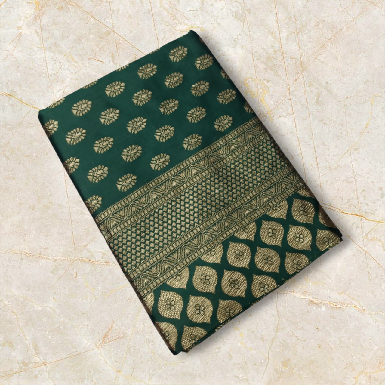 Dark Green Banarasi Silk Saree with Golden Zari Weaving