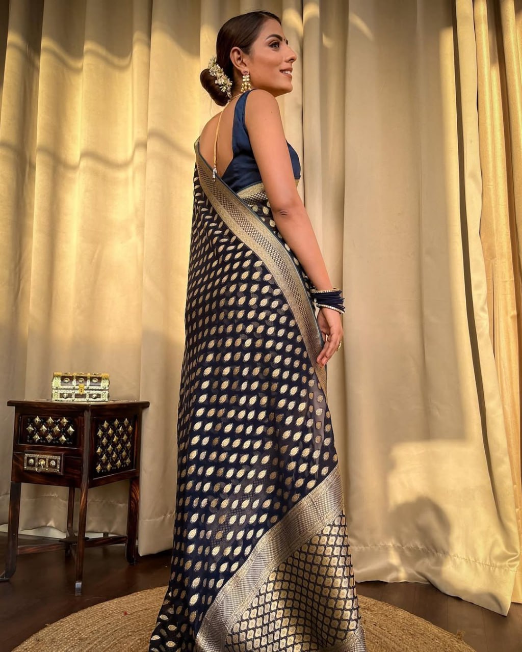 Navy Blue Banarasi Silk Saree with Golden Zari Weaving and Border