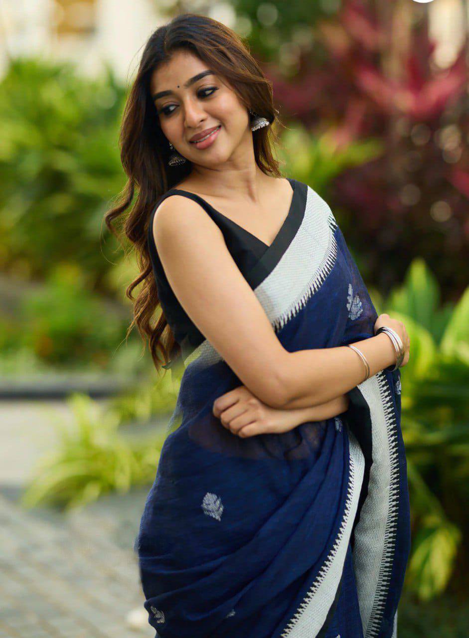 Navy Blue Handloom Saree with Silver Border and Contrast Black Blouse