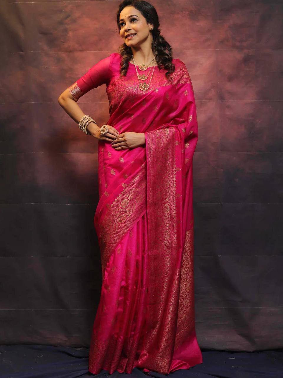 Vibrant Pink Banarasi Silk Saree with Gold Zari Work