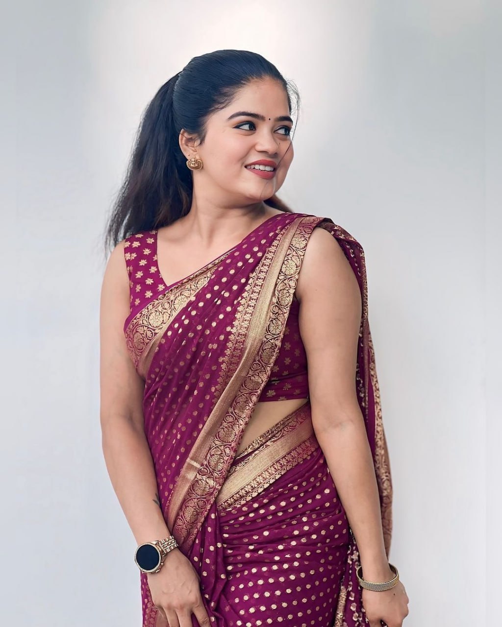 Maroon Banarasi Silk Saree with Golden Polka Dots and Zari Border