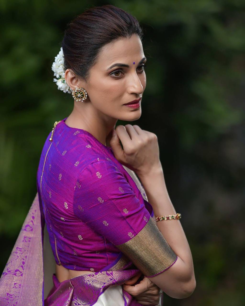 Elegant Off White Silk Saree with Purple Zari Border and Blouse