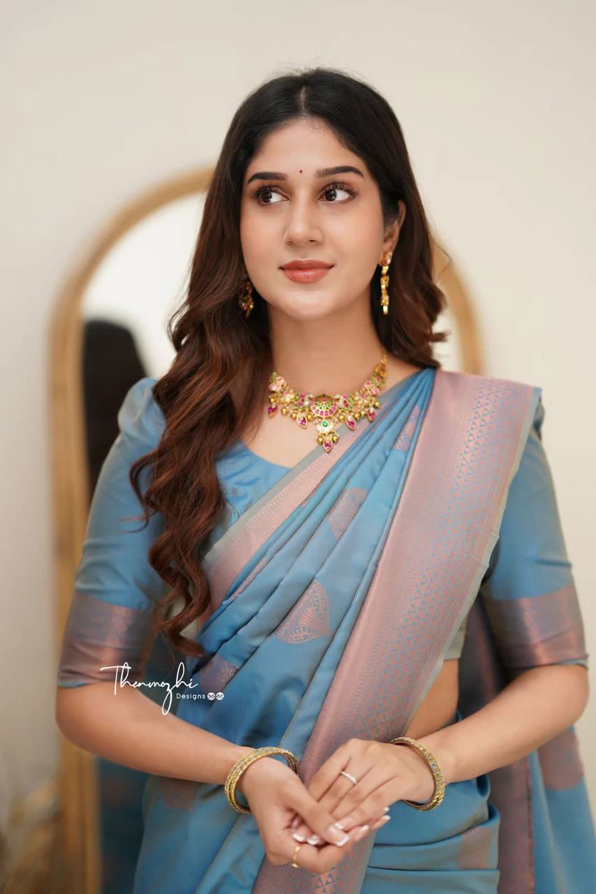 Elegant Blue Silk Saree with Pink Border and Floral Motifs