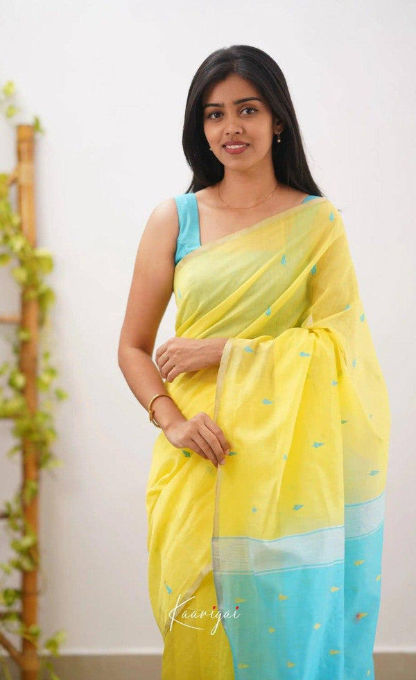 Yellow Linen Saree with Blue Border and Buttas