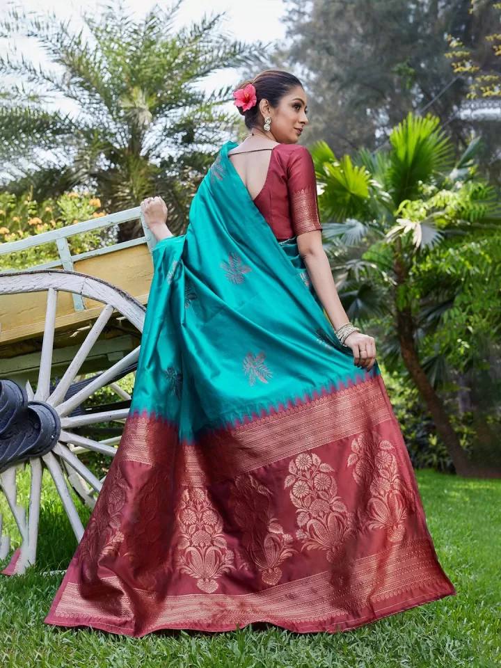Teal Silk Saree with Maroon Border and Pallu