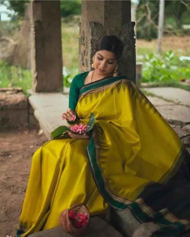 Yellow and Green Temple Border Silk Saree
