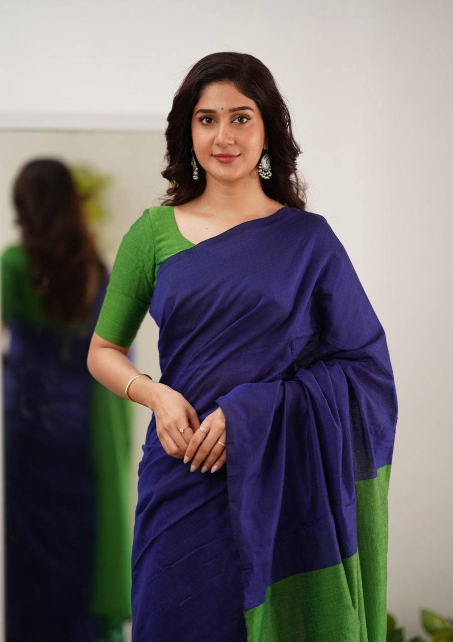 Elegant Blue and Green Silk Saree with Contrast Border