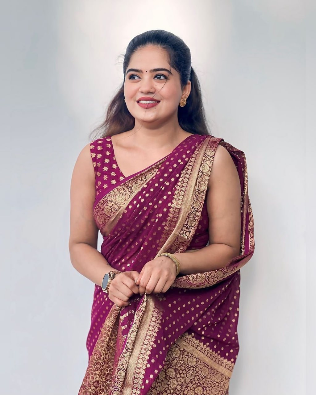 Maroon Banarasi Silk Saree with Golden Polka Dots and Zari Border