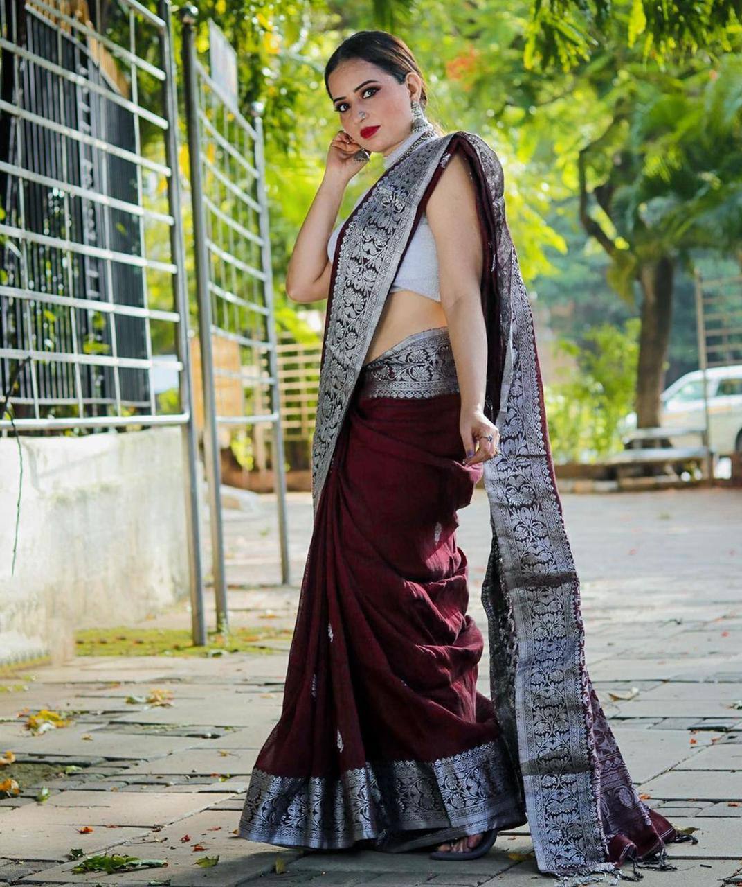 Maroon Banarasi Silk Saree with Silver Zari Border