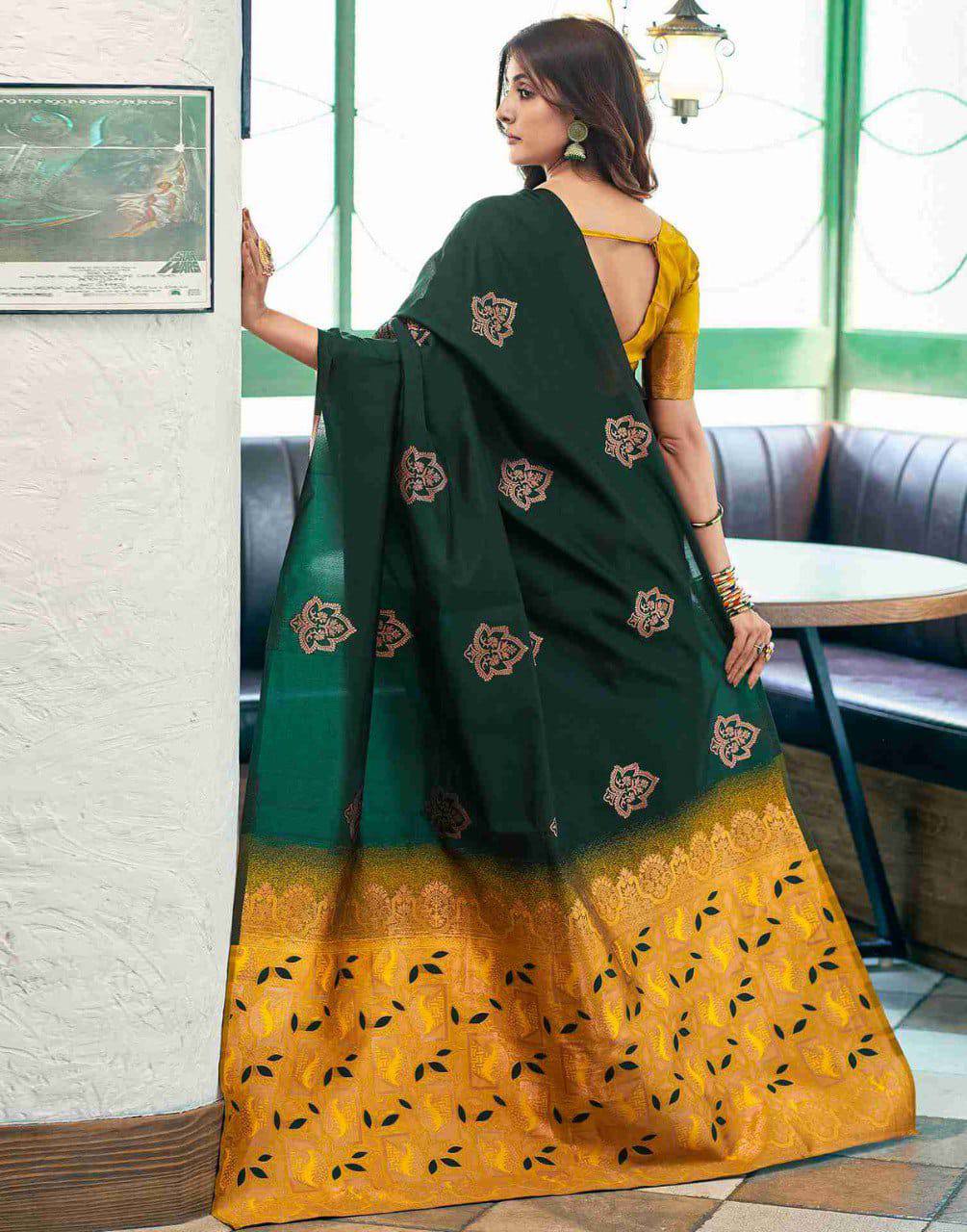 Dark Green Embroidered Silk Saree with Mustard Brocade Border and Embellished Blouse