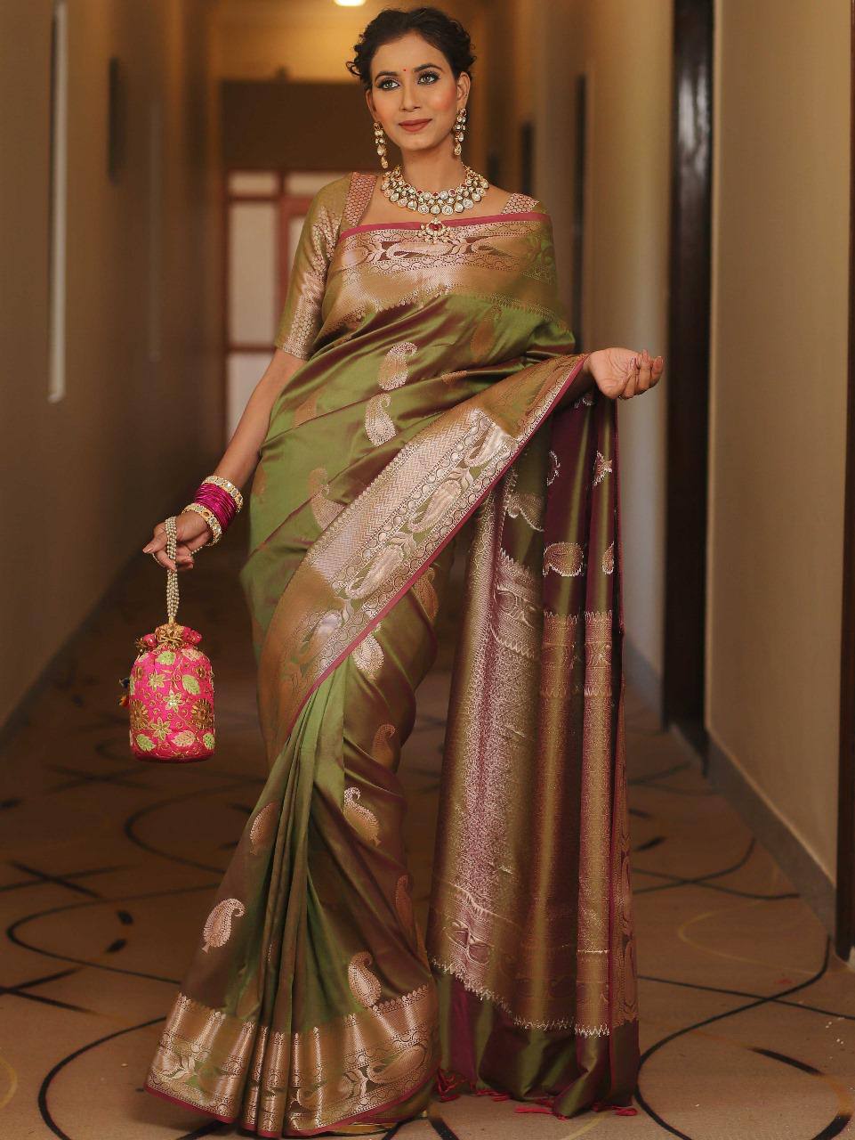 Banarasi Silk Saree with Woven Zari Border Traditional Green Silk Saree