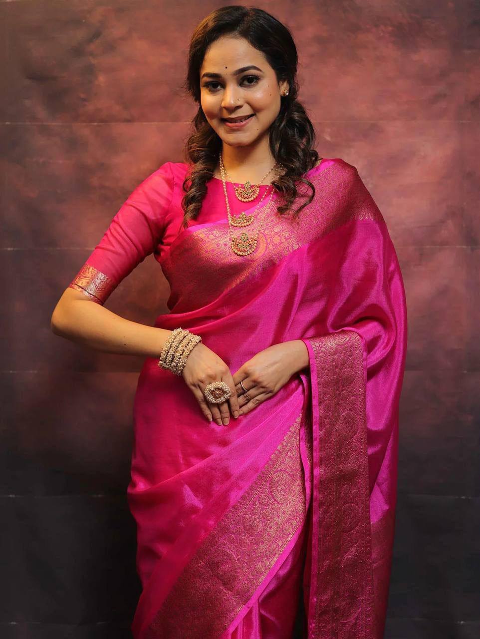 Vibrant Magenta Kanjivaram Silk Saree with Golden Zari Border