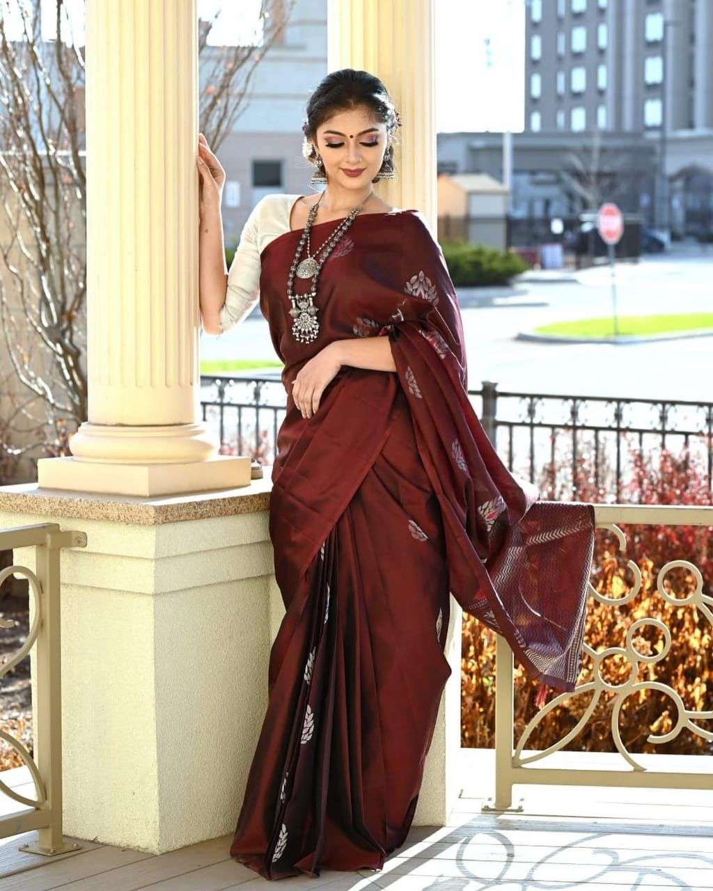 Maroon Silk Saree with Floral Embroidered Motifs and Matching Blouse