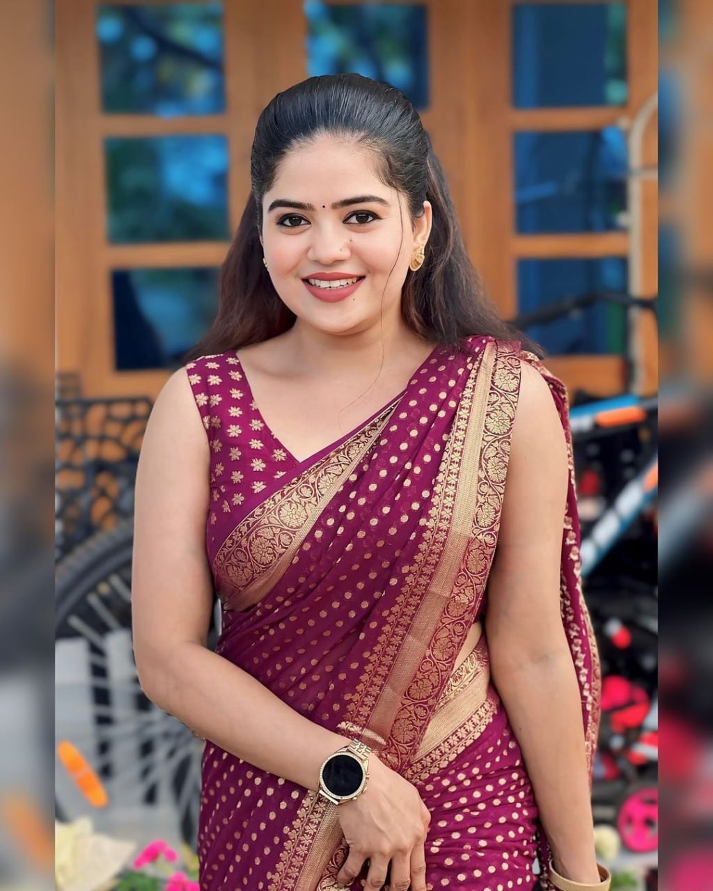 Maroon Banarasi Silk Saree with Golden Polka Dots and Zari Border