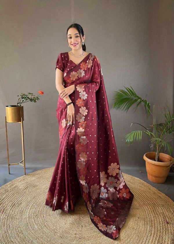 Maroon Floral Printed Silk Blend Saree with Blouse