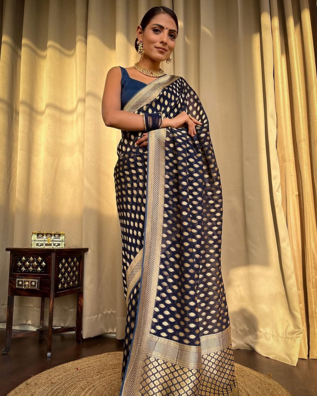 Navy Blue Banarasi Silk Saree with Golden Zari Weaving and Border