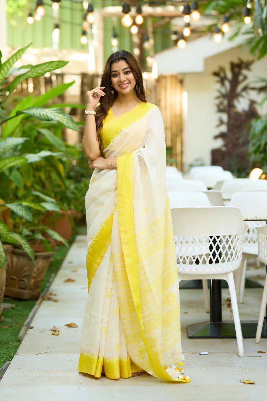 Elegant Off White Kerala Kasavu Saree with Yellow Border