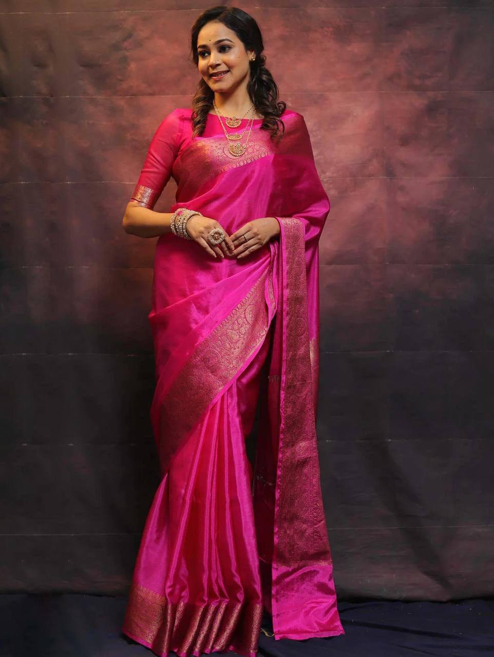 Vibrant Magenta Kanjivaram Silk Saree with Golden Zari Border