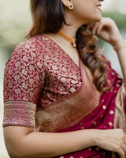 Maroon Banarasi Silk Saree with Golden Buti Work and Embroidered Blouse