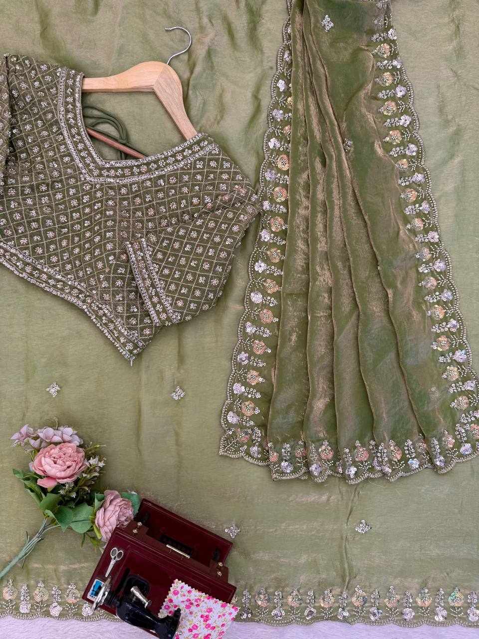 Women's Premium Shimmer Silk Embroidered Saree with Designer Blouse | Party & Festive Wear