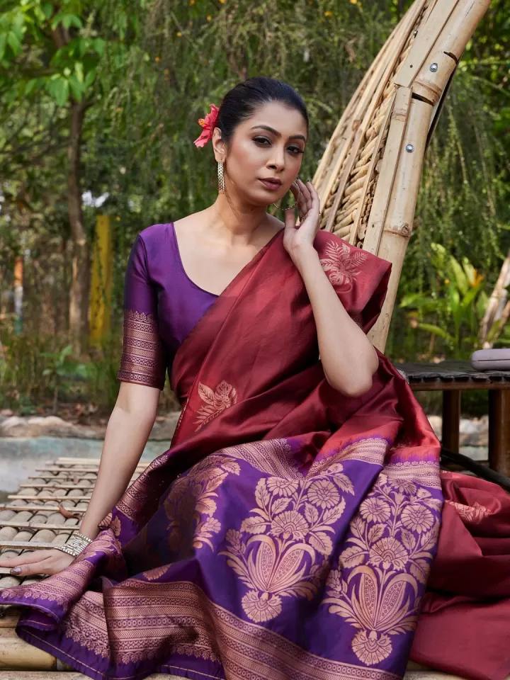 Maroon Banarasi Silk Saree with Purple Zari Border and Floral Motifs