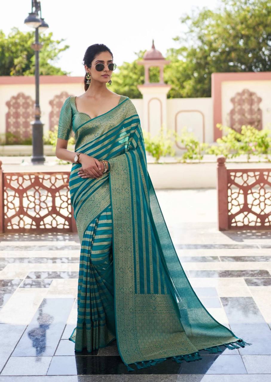 Elegant Teal Green Banarasi Silk Saree with Golden Zari Stripes
