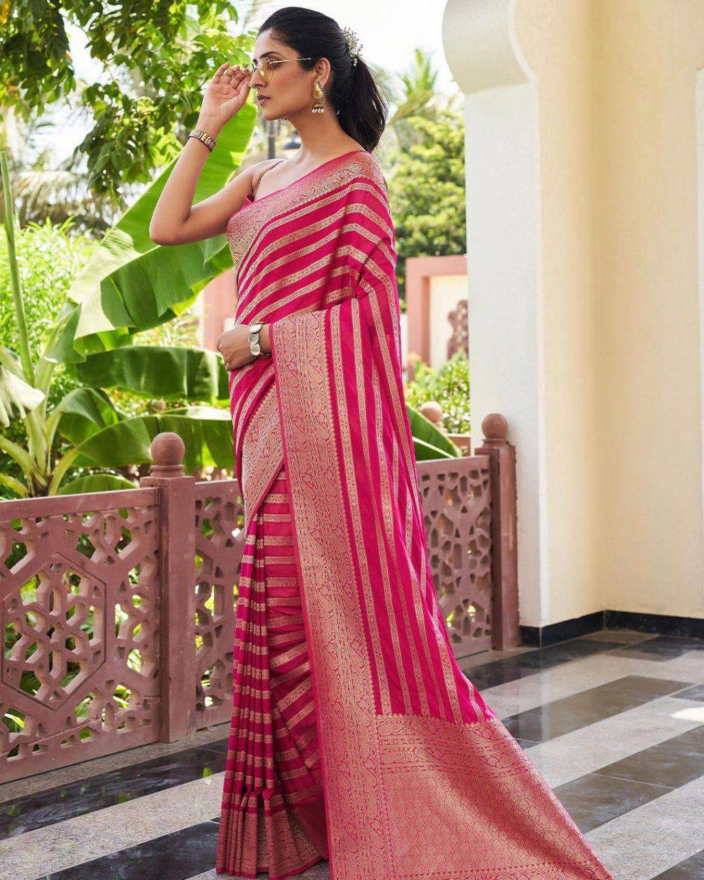 Designer Banarasi Silk Saree with Woven Stripes and Zari Border