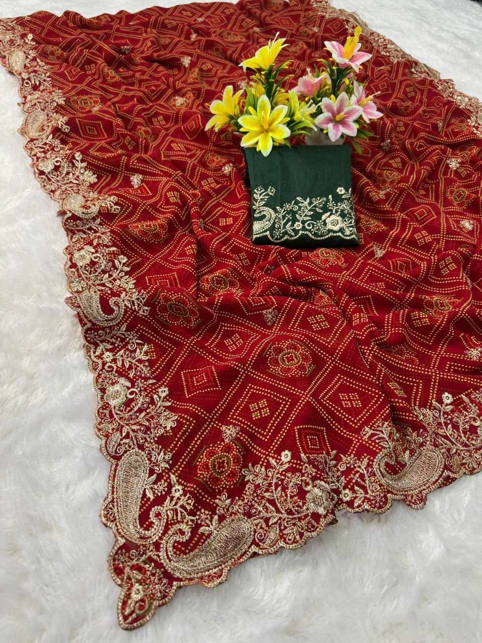 Women's Red Georgette Bandhej Print Embroidered Saree with Contrast Green Mono Silk Blouse