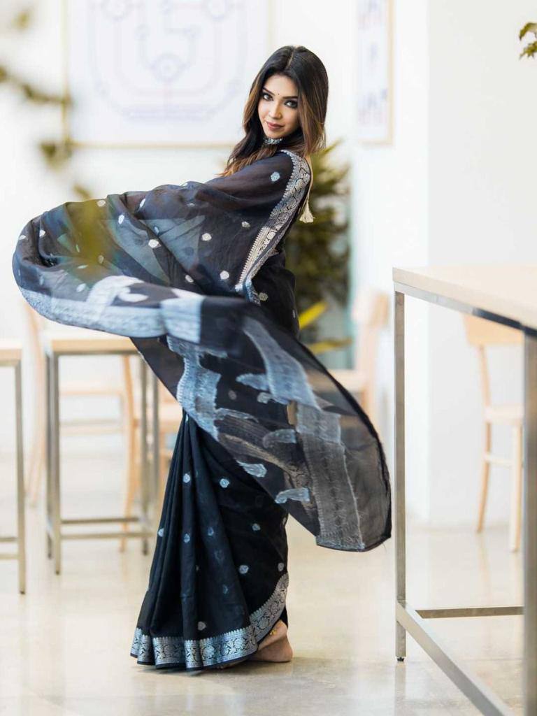 Black Silk Saree with Silver Zari Border and Butta Work