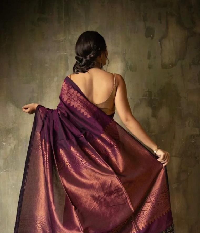 Purple Kanchipuram Silk Saree with Copper Zari Border