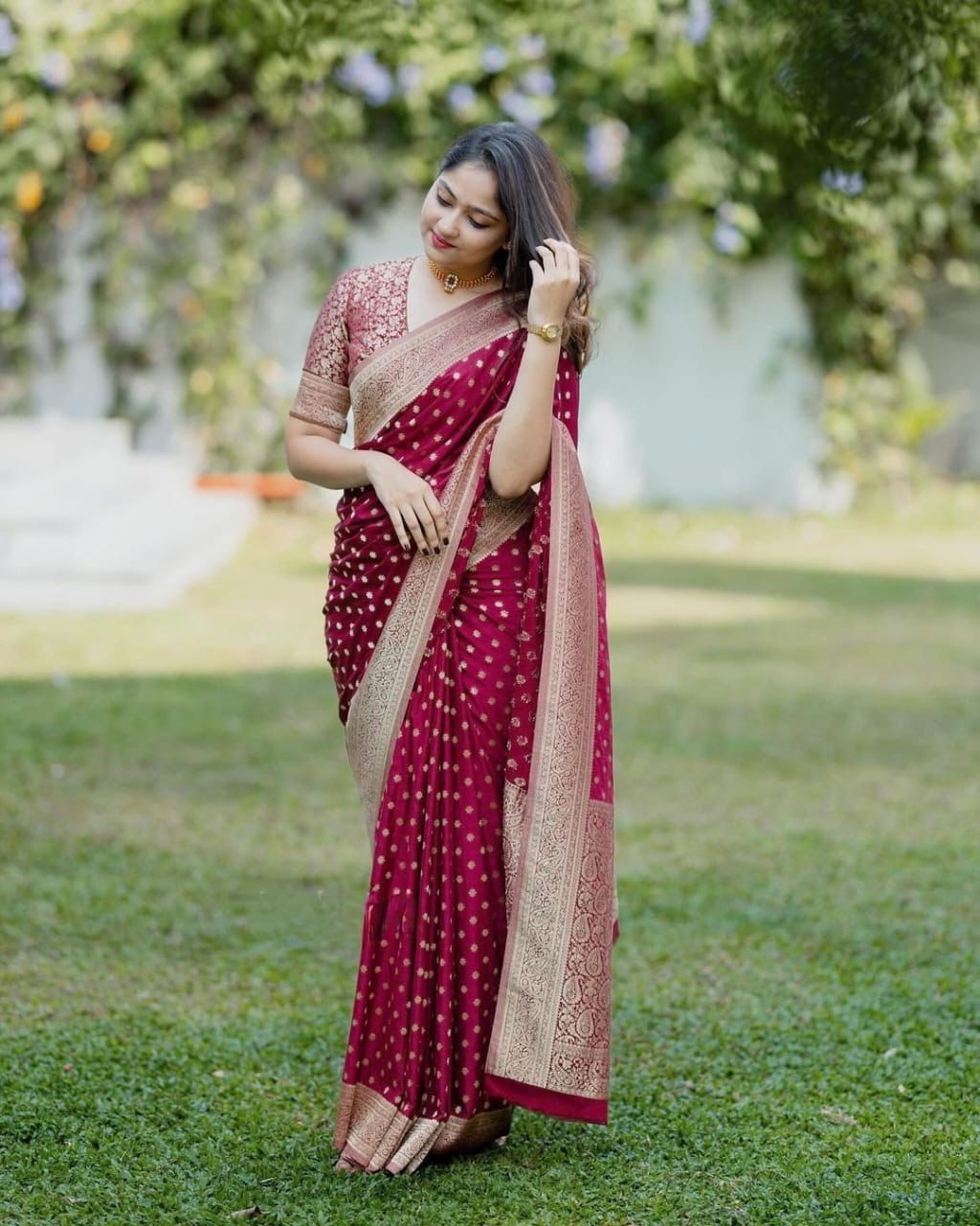 Maroon Banarasi Silk Saree with Golden Buti Work and Embroidered Blouse