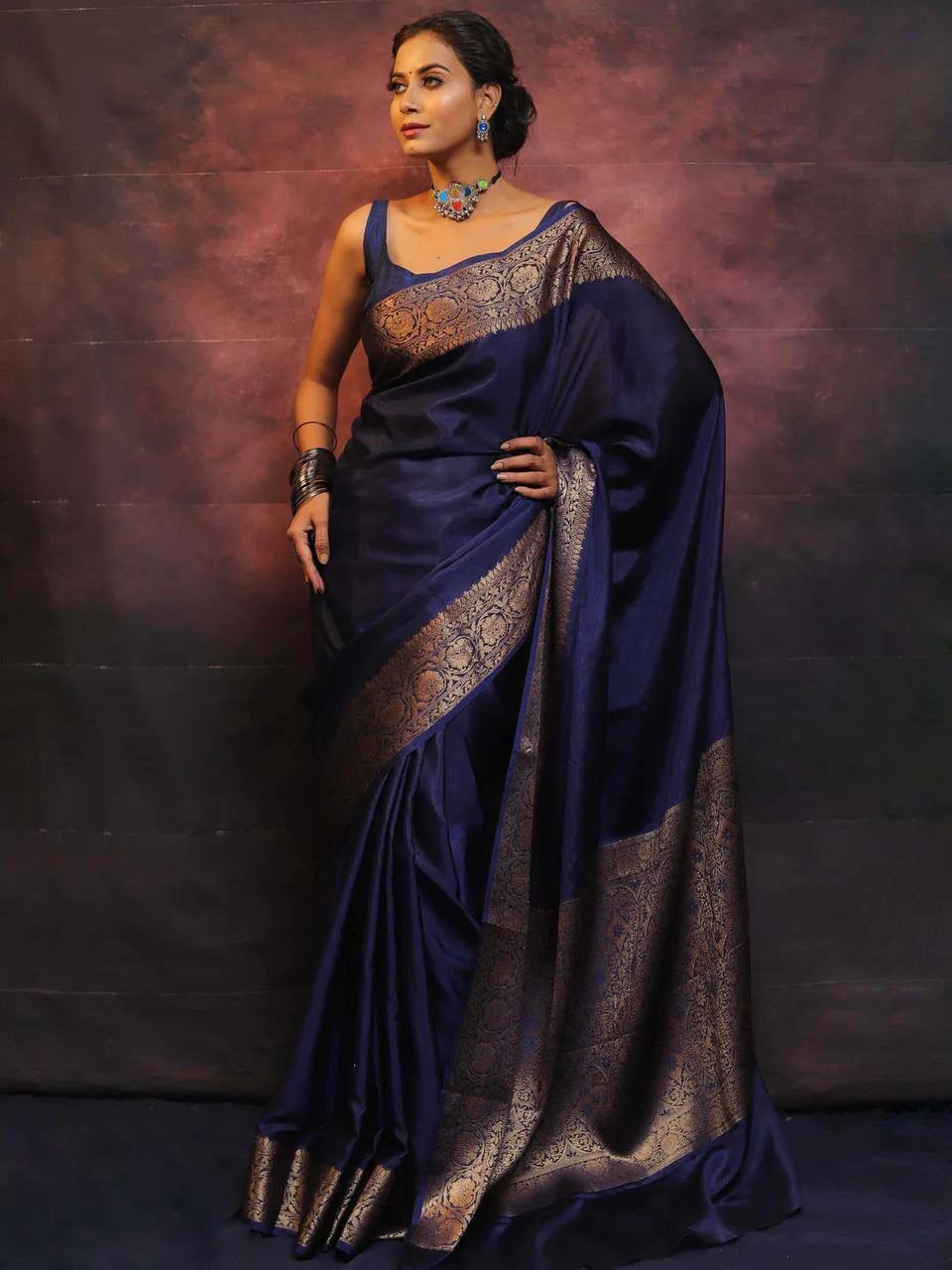 Royal Navy Blue Banarasi Silk Saree with Golden Zari Border