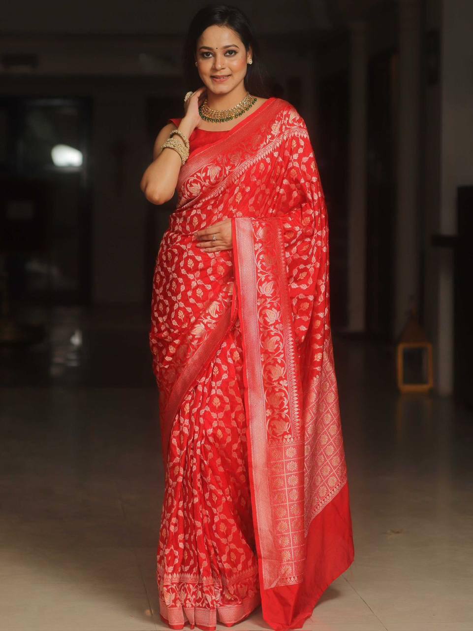 Red Banarasi Silk Saree with Golden Floral Weaving
