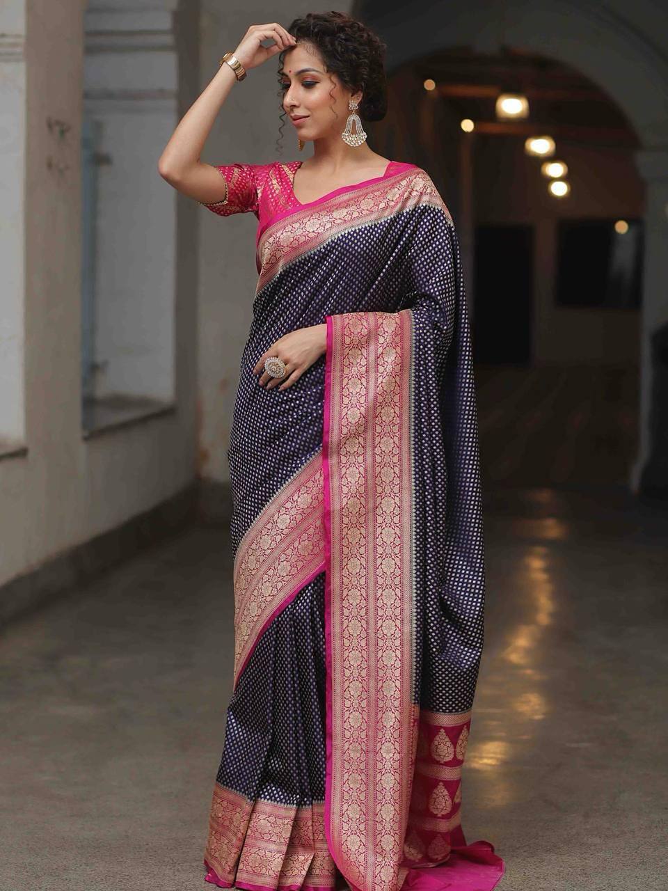 Black Banarasi Silk Saree with Pink Zari Border