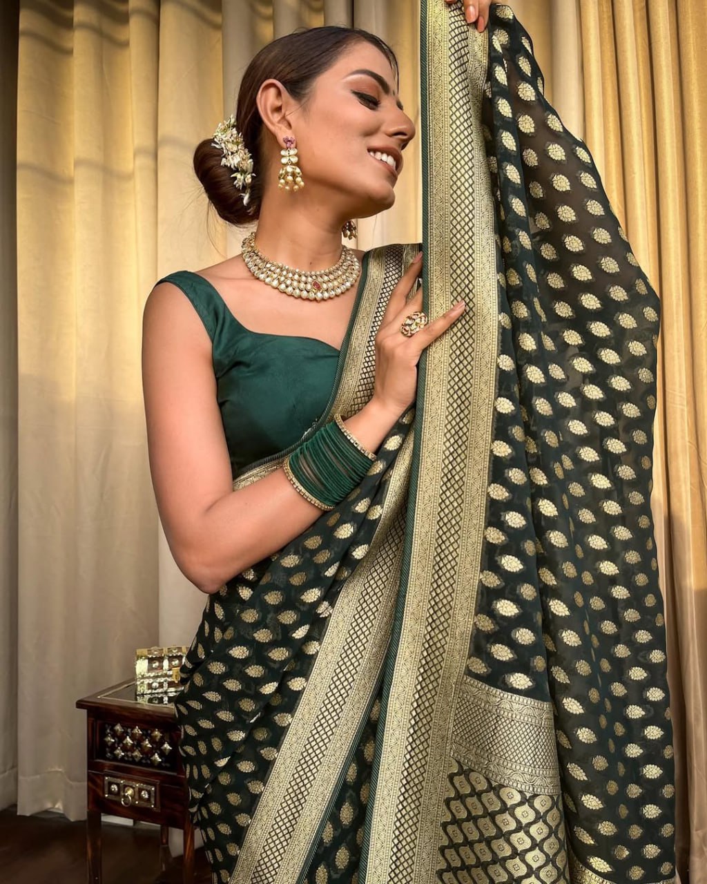 Dark Green Banarasi Silk Saree with Golden Zari Weaving