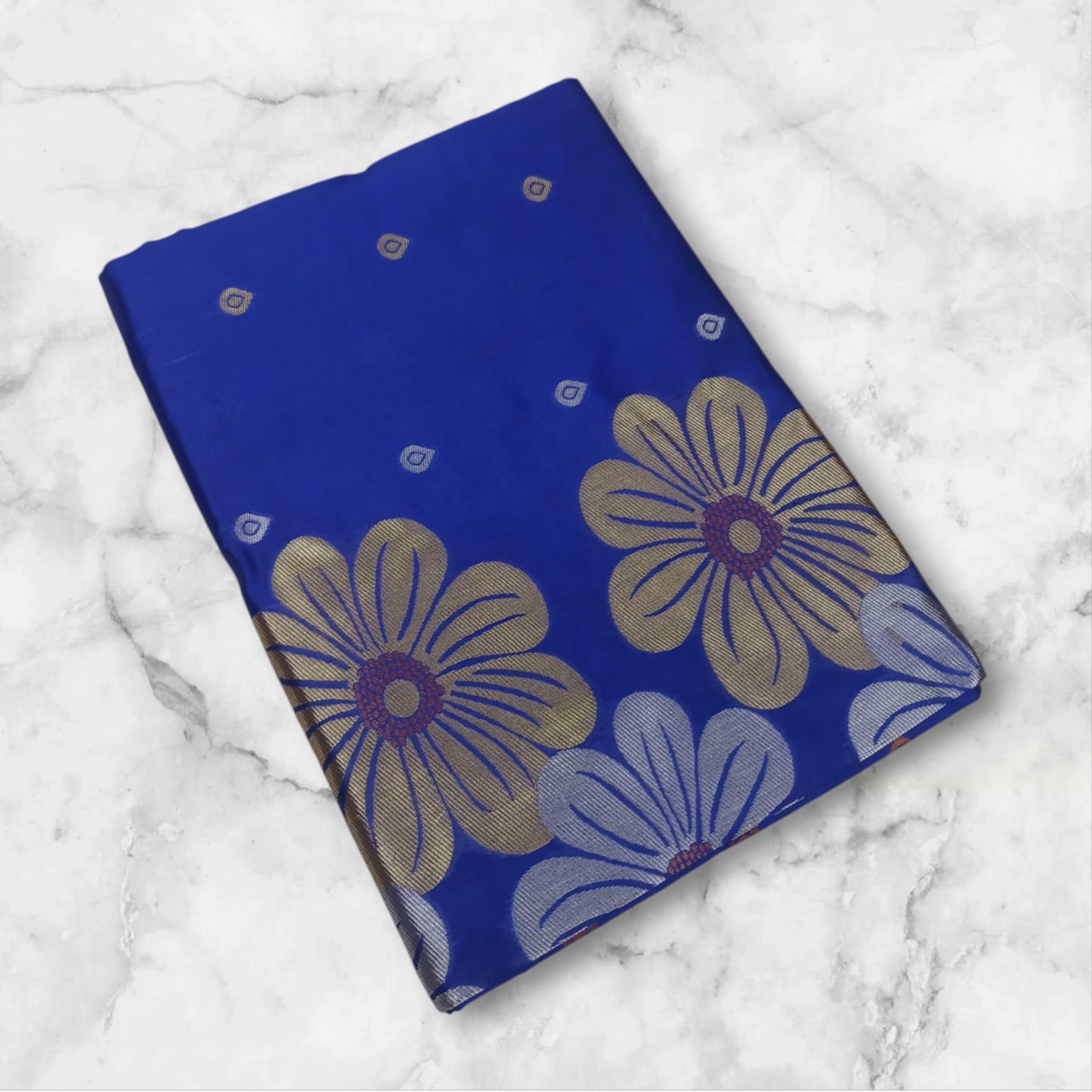 Royal Blue Floral Woven Silk Saree with Embroidered Border