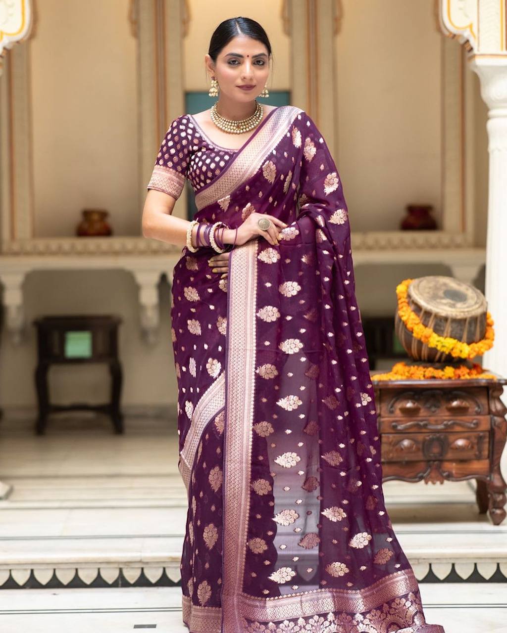Purple Banarasi Silk Saree with Golden Zari Work and Contrast Blouse