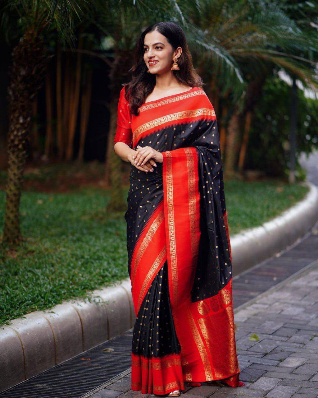 Black Silk Saree with Red Border and Golden Embroidery