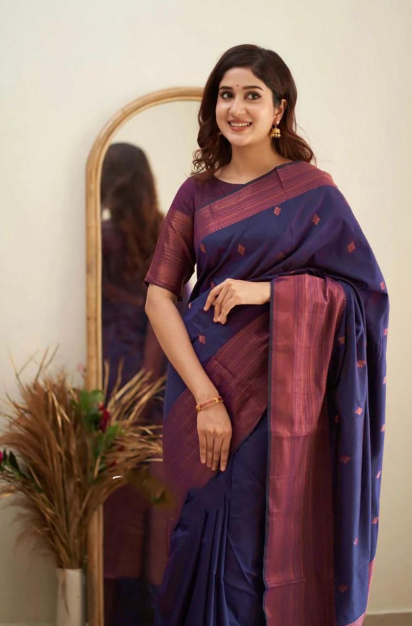 Navy Blue Silk Saree with Maroon Border and Pallu