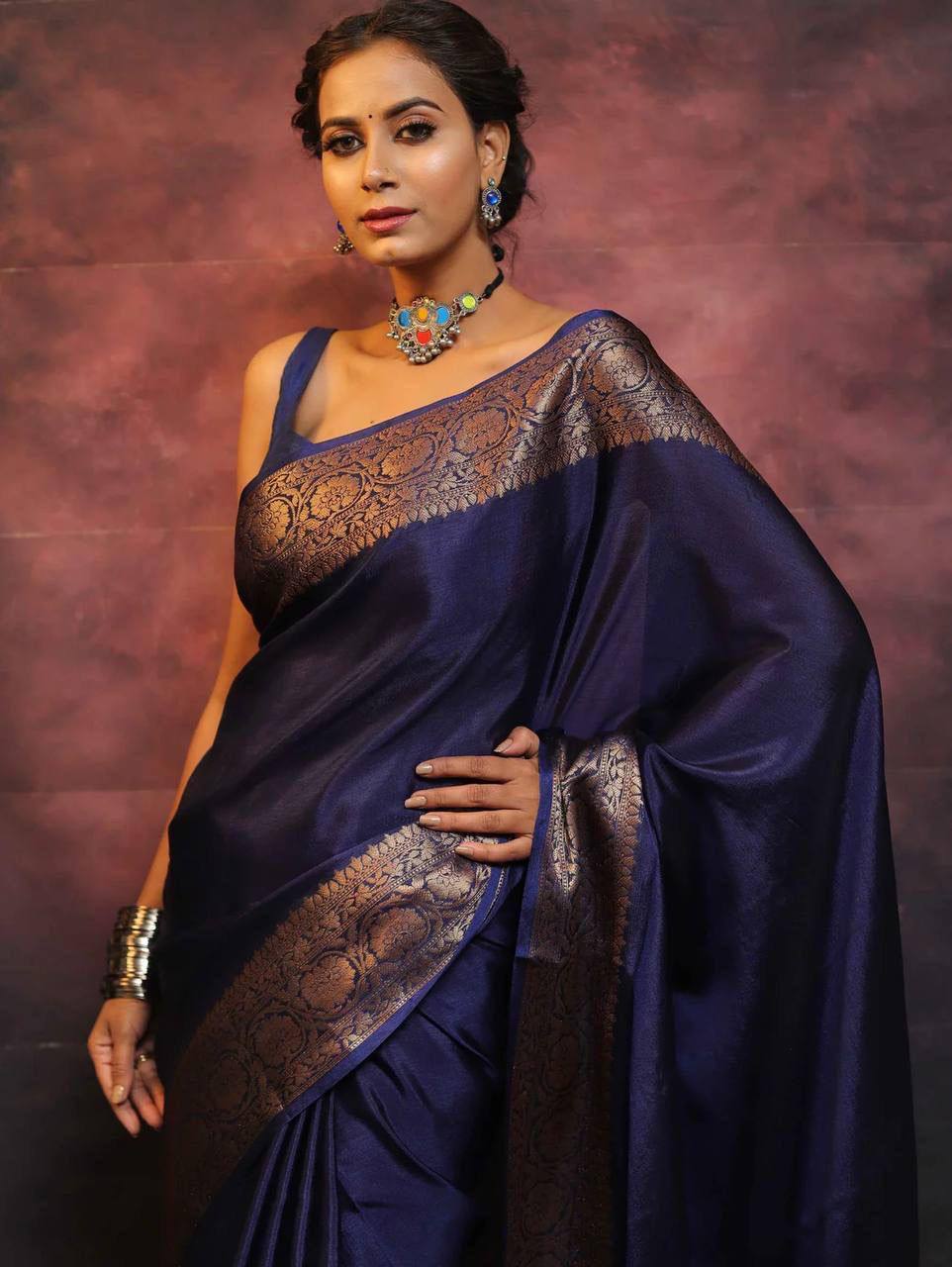 Royal Navy Blue Banarasi Silk Saree with Golden Zari Border