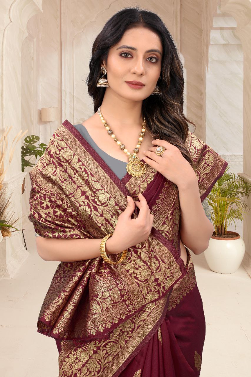 Maroon Banarasi Silk Saree with Gold Zari Border and Blouse